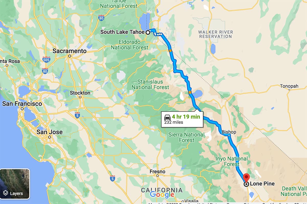 South Lake Tahoe to Lone Pine California Road Trip Map